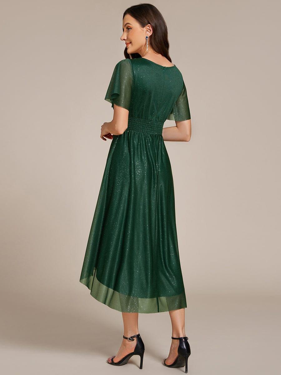 Glitter A-Line Pleated Short Sleeves Scoop knee Length Formal Dress