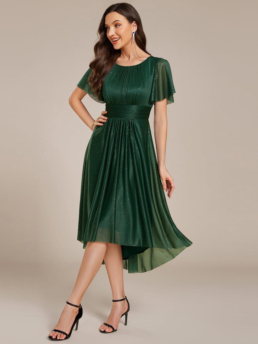 A-Line Glitter Short Sleeves Pleated Scoop Neck Wedding Guest Dress