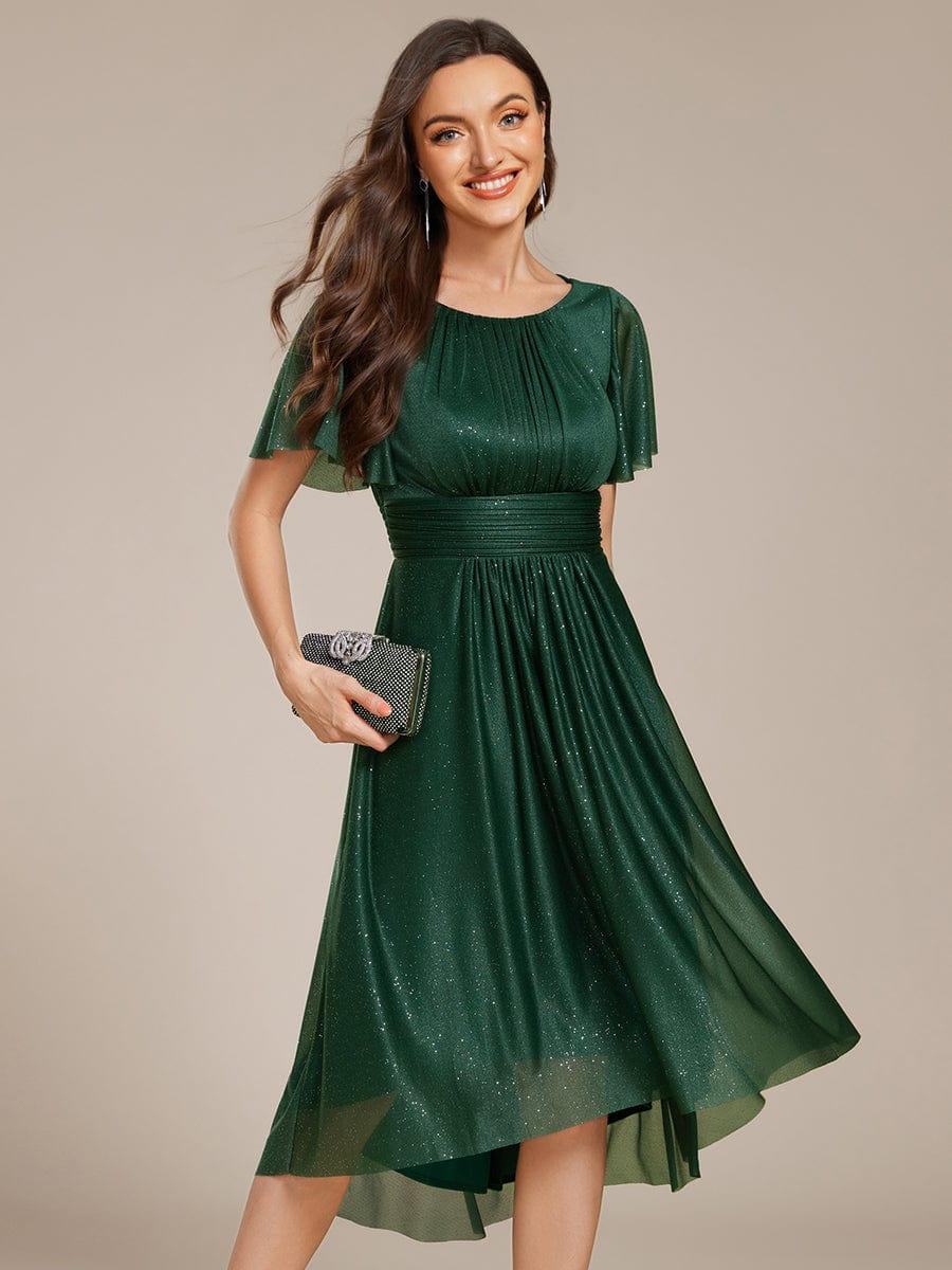 A-Line Glitter Short Sleeves Pleated Scoop Neck Wedding Guest Dress
