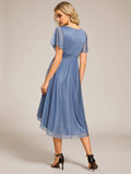 Glitter A-Line Pleated Short Sleeves Scoop knee Length Formal Dress