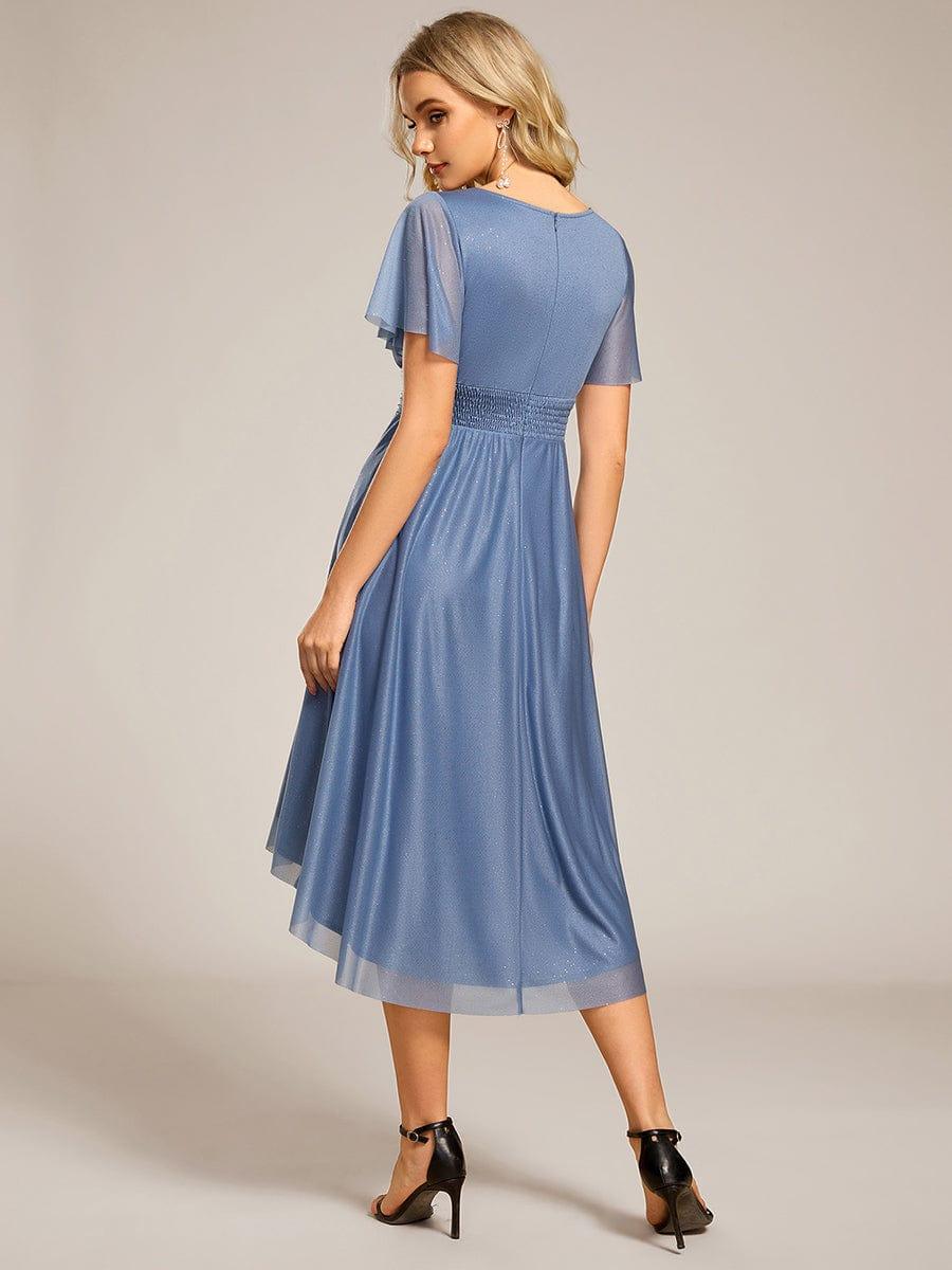 A-Line Glitter Short Sleeves Pleated Scoop Neck Wedding Guest Dress