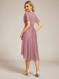 Glitter A-Line Pleated Short Sleeves Scoop knee Length Formal Dress