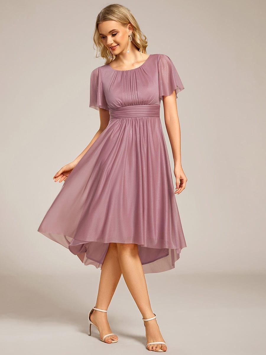 Glitter A-Line Pleated Short Sleeves Scoop knee Length Formal Dress