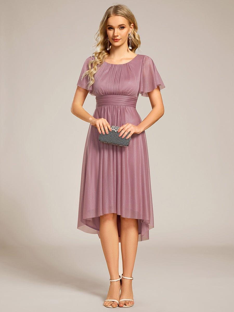Glitter A-Line Pleated Short Sleeves Scoop knee Length Formal Dress