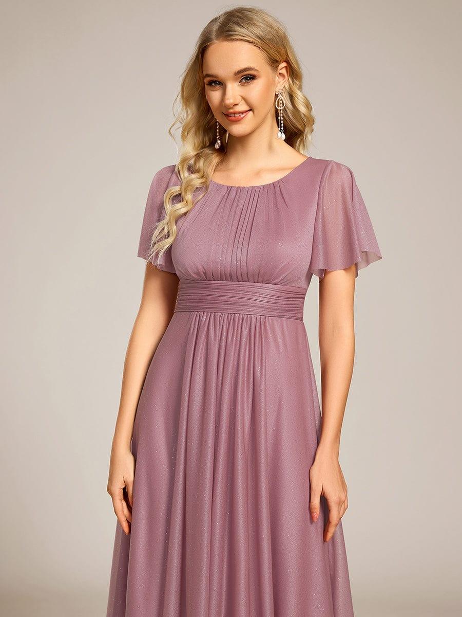 Glitter A-Line Pleated Short Sleeves Scoop knee Length Formal Dress