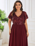 Plus Size A-Line V-Neck Short Sleeve Pleated Sequin Mother of the Bride Dress