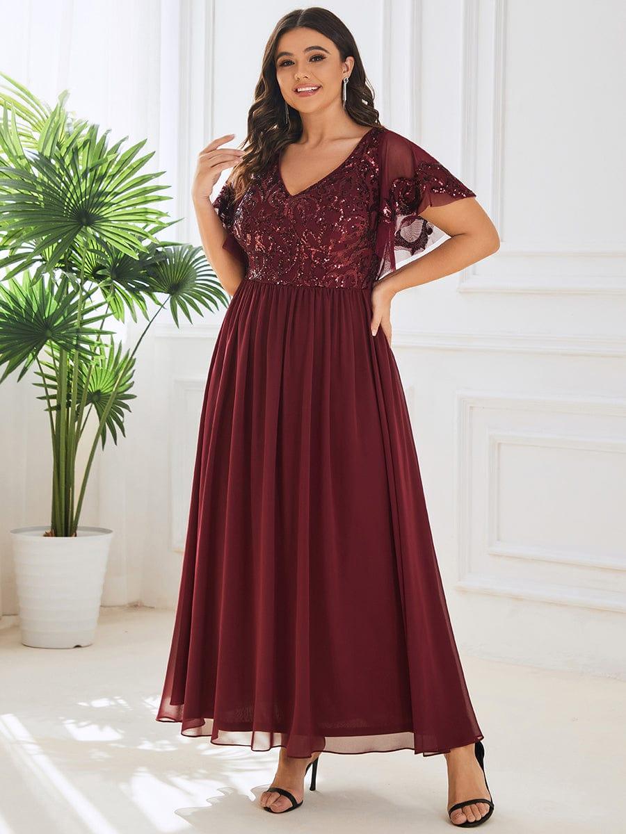 Plus Size A-Line V-Neck Short Sleeve Pleated Sequin Mother of the Bride Dress