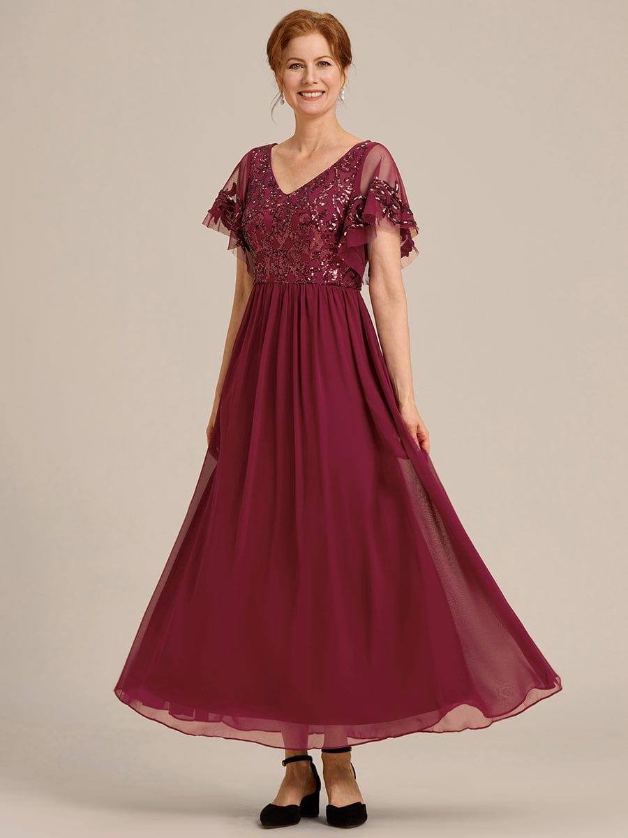 A-Line V-Neck Pleated Chiffon Appliques Short Sleeves Mother of the Bride Dress