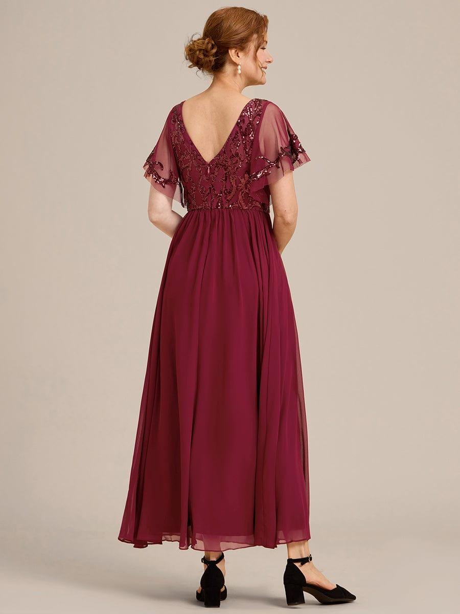 A-Line V-Neck Pleated Chiffon Appliques Short Sleeves Mother of the Bride Dress