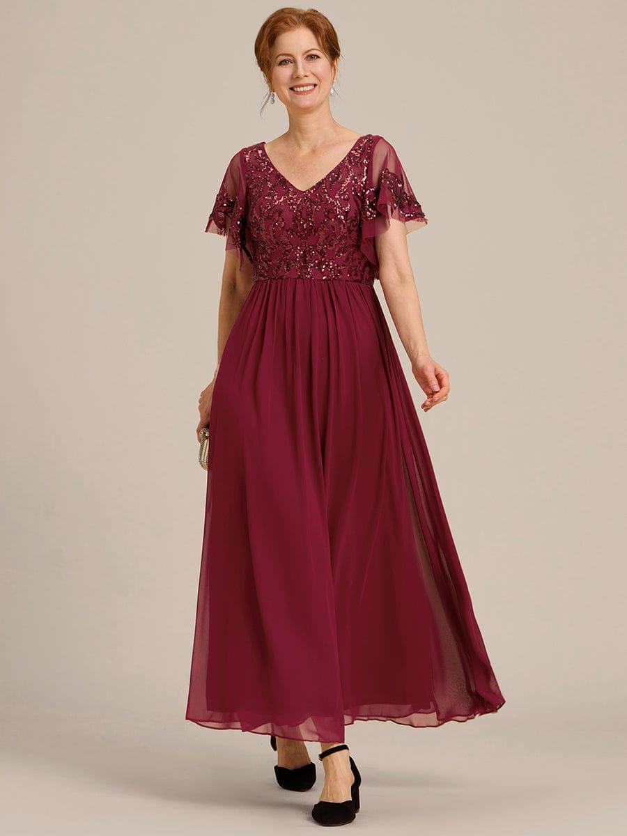 A-Line V-Neck Pleated Chiffon Appliques Short Sleeves Mother of the Bride Dress
