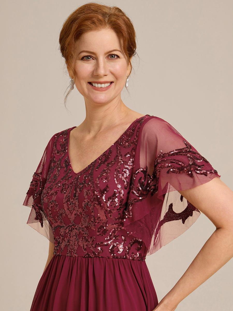 A-Line V-Neck Pleated Chiffon Appliques Short Sleeves Mother of the Bride Dress