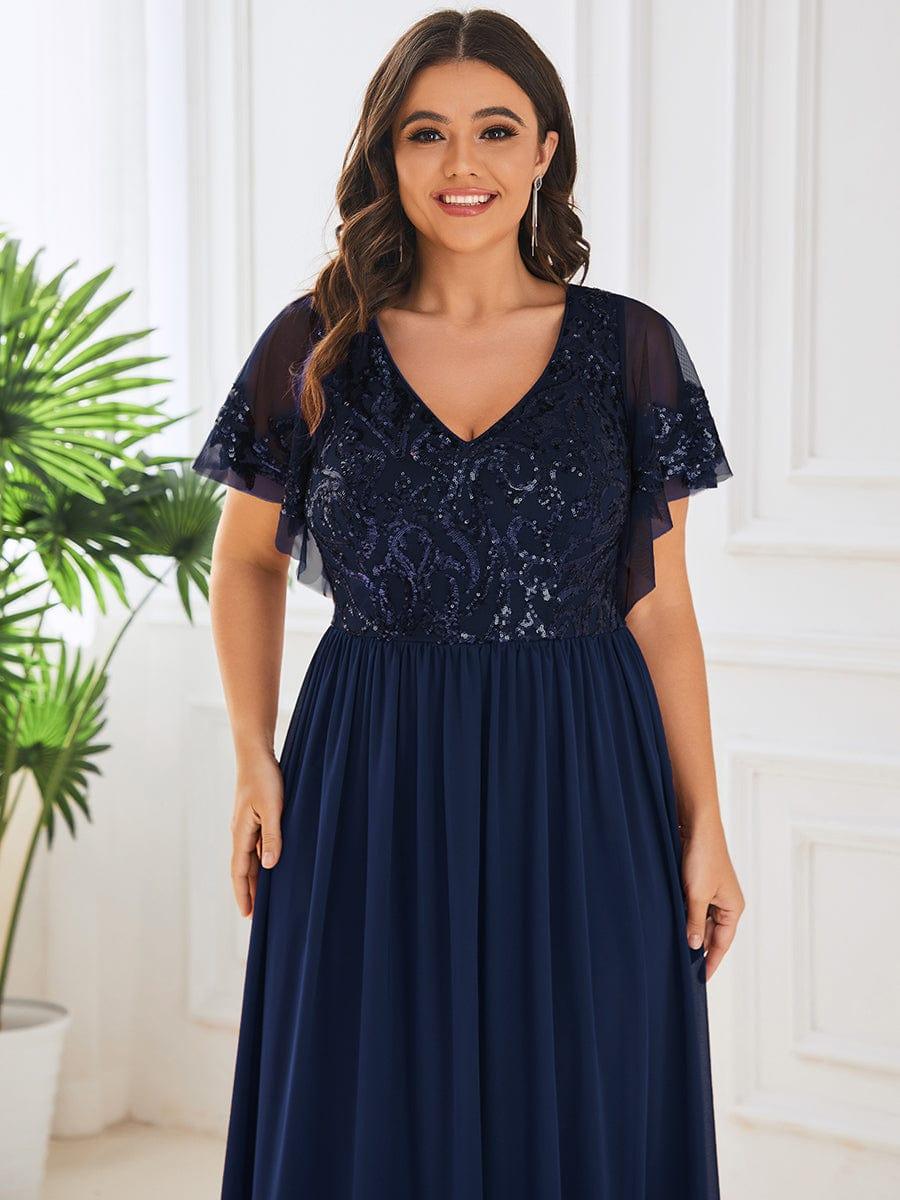 A-Line V-Neck Pleated Chiffon Appliques Short Sleeves Mother of the Bride Dress