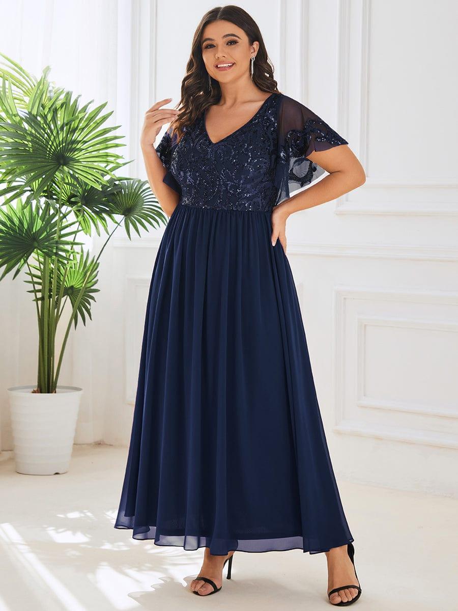 A-Line V-Neck Pleated Chiffon Appliques Short Sleeves Mother of the Bride Dress