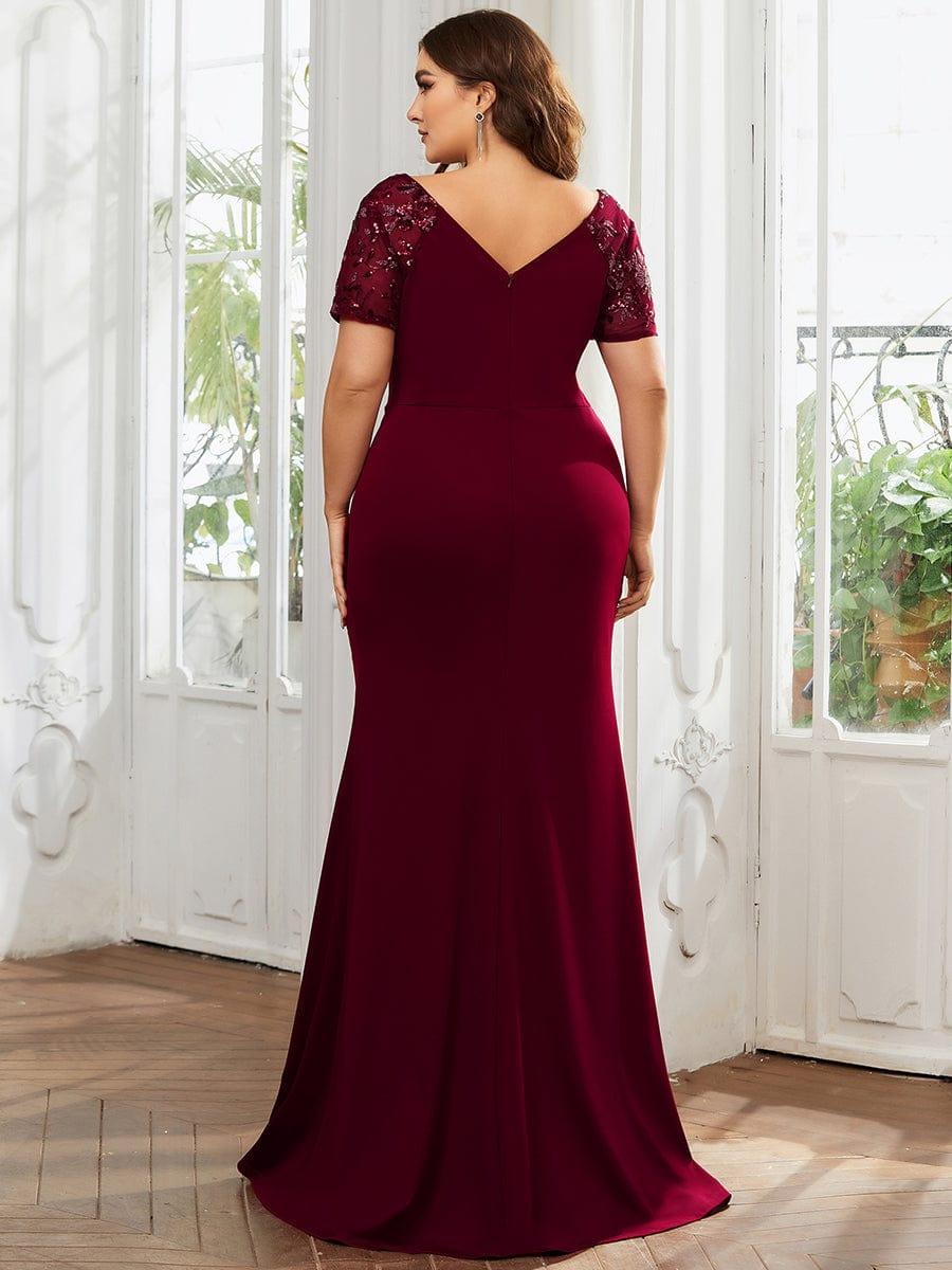 Plus Size A-Line V-Neck Short Sleeve Mother of the Bride Dress with Slit