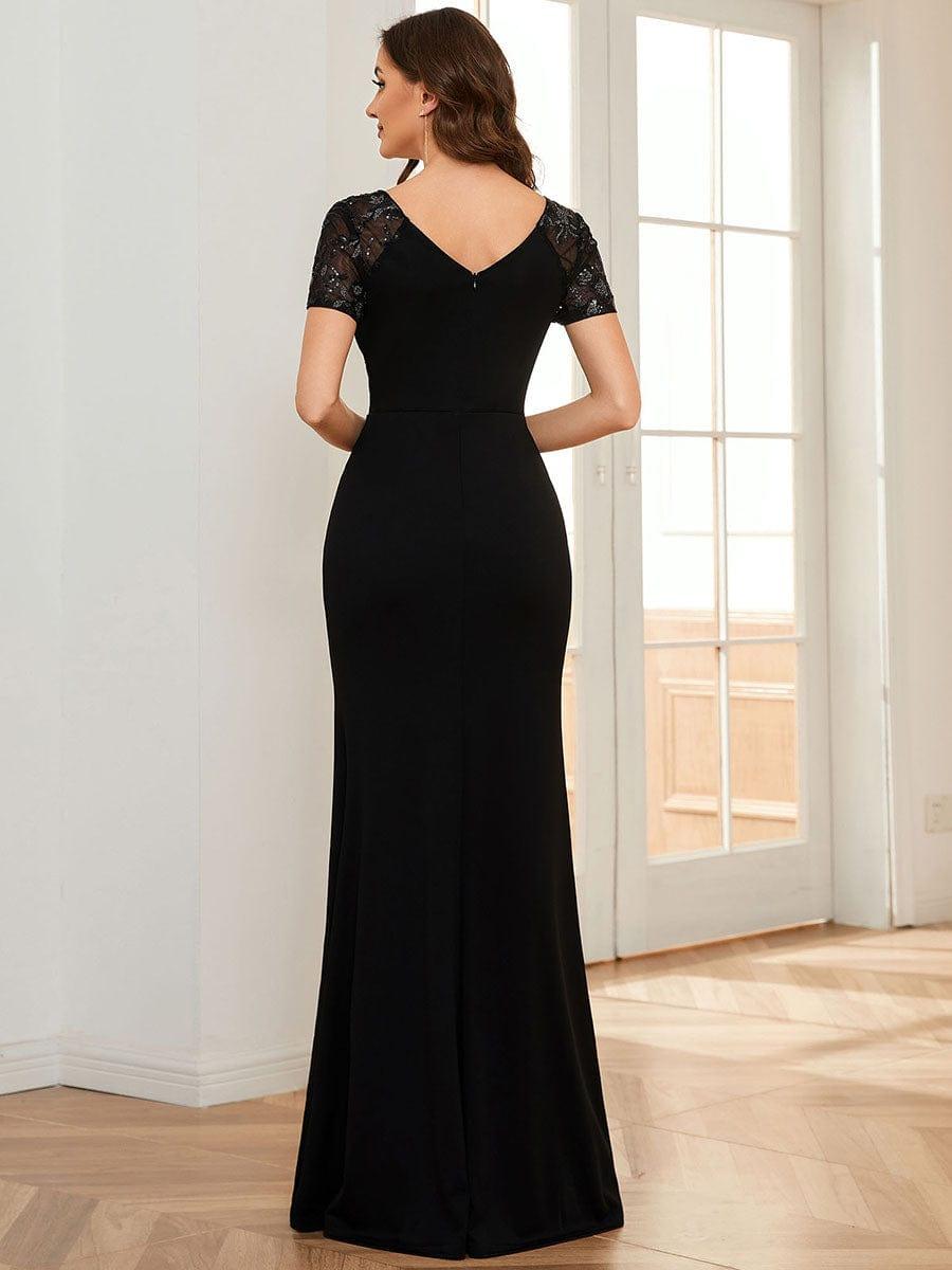 V-Neck Sequin Pleats Short Sleeve Mother of the Bride Dresses with Slit