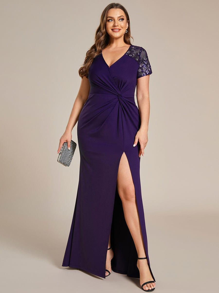 Plus Size A-Line V-Neck Short Sleeve Mother of the Bride Dress with Slit