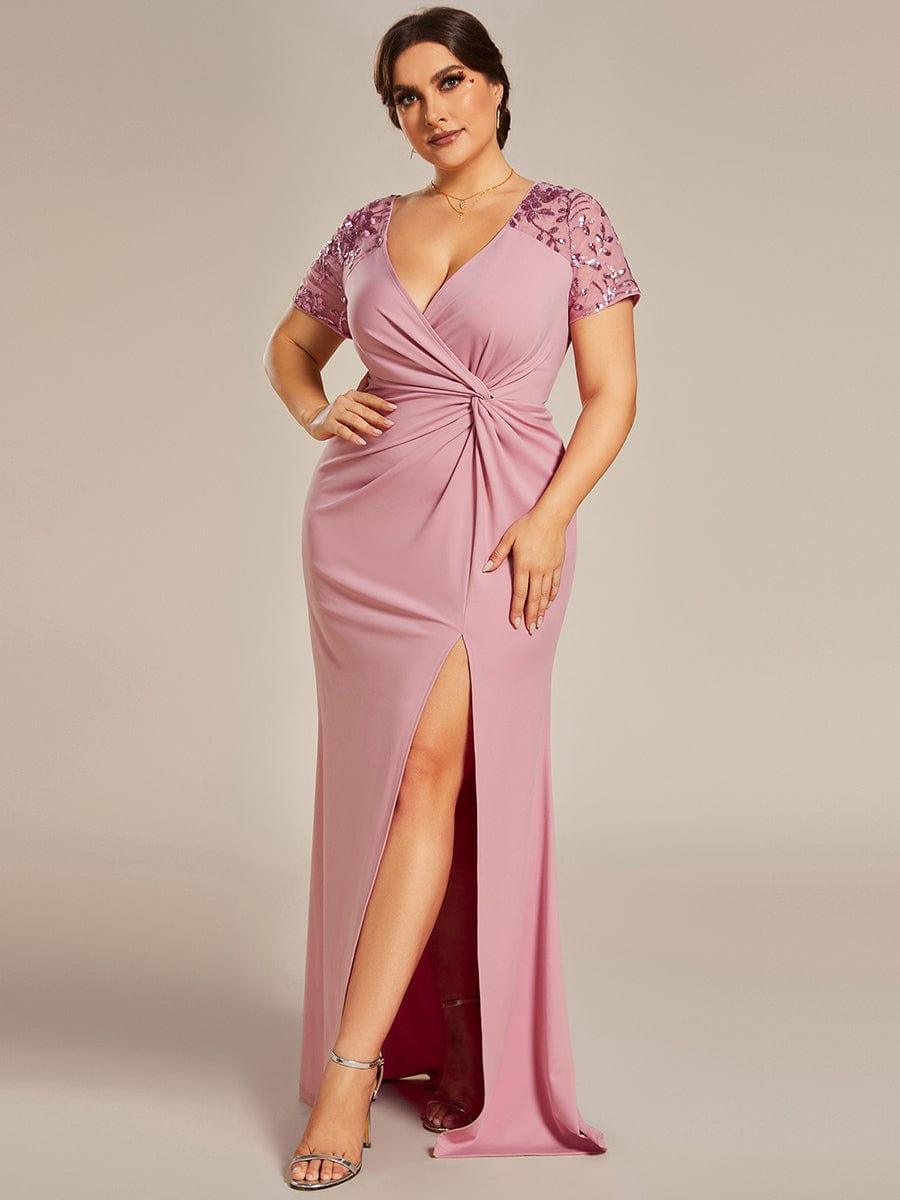 Plus Size A-Line V-Neck Short Sleeve Mother of the Bride Dress with Slit