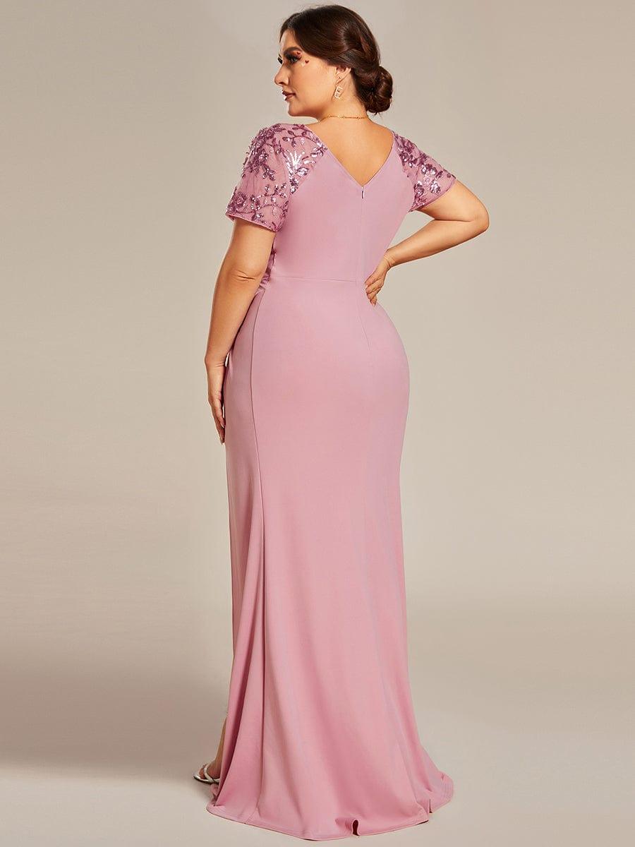 Plus Size A-Line V-Neck Short Sleeve Mother of the Bride Dress with Slit