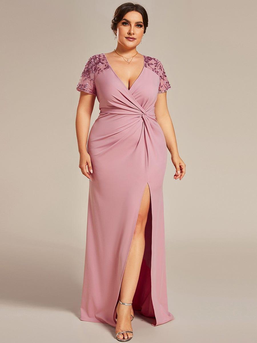 Plus Size A-Line V-Neck Short Sleeve Mother of the Bride Dress with Slit