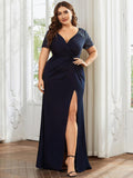 Plus Size A-Line V-Neck Short Sleeve Mother of the Bride Dress with Slit