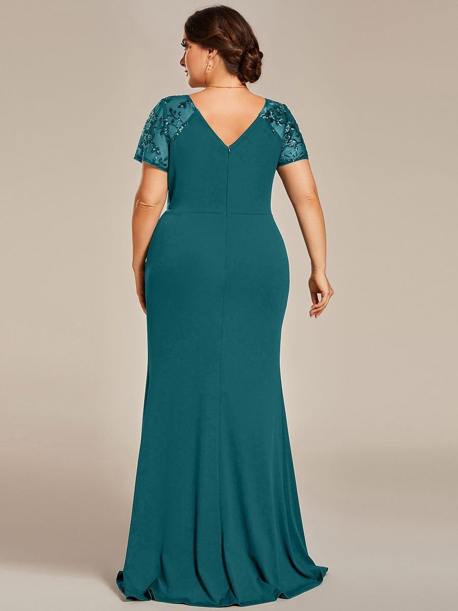 Plus Size A-Line V-Neck Short Sleeve Mother of the Bride Dress with Slit