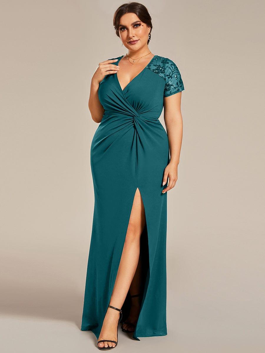 Plus Size A-Line V-Neck Short Sleeve Mother of the Bride Dress with Slit