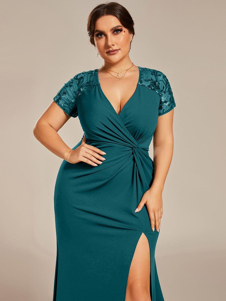 Plus Size A-Line V-Neck Short Sleeve Mother of the Bride Dress with Slit