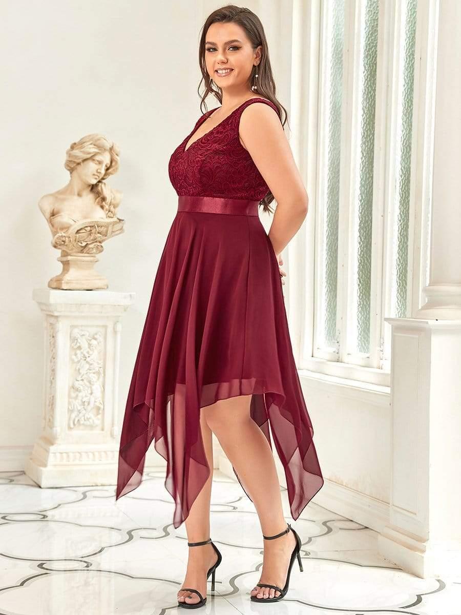 Plus Size A-Line Ruffles V-Neck Prom Lace Dress for Women