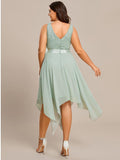 Plus Size A-Line Ruffles V-Neck Prom Lace Dress for Women