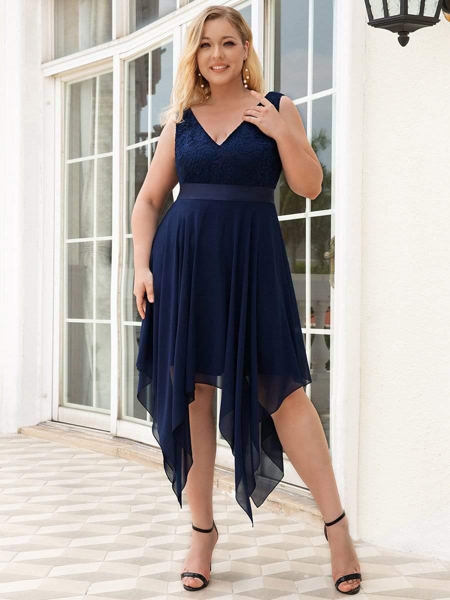 Plus Size A-Line Ruffles V-Neck Prom Lace Dress for Women