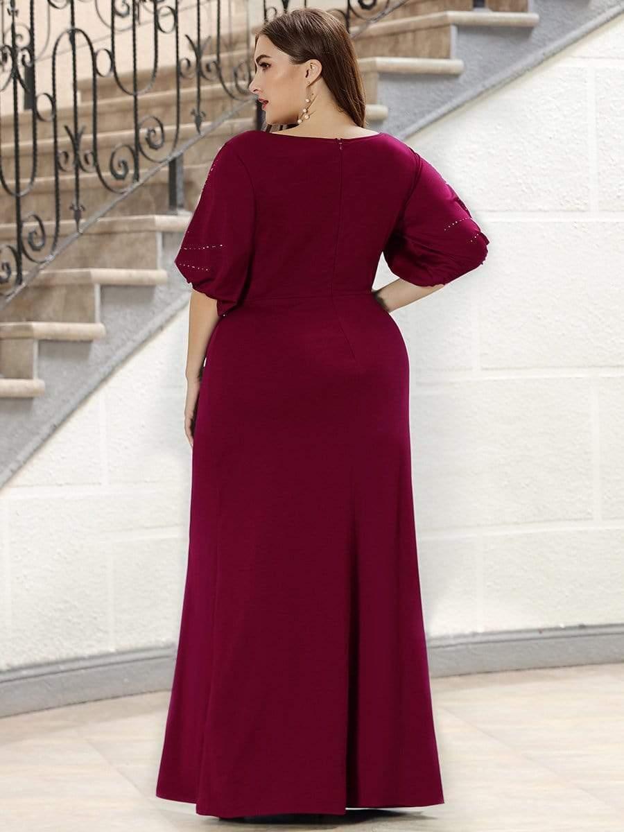 A-Line Beads Half Sleeves  Plus Size Long Wedding Guest Dress