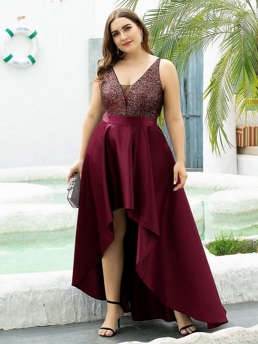 A-Line Empire-Waist V-Neck High Low Sleeveless Plus Size Evening Dress