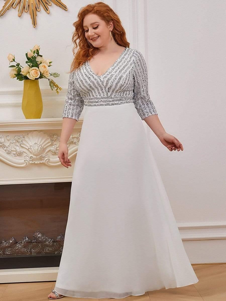 Plus Size V-Neck A-Line Empire-Waist Formal Evening Dress with Long Sleeves