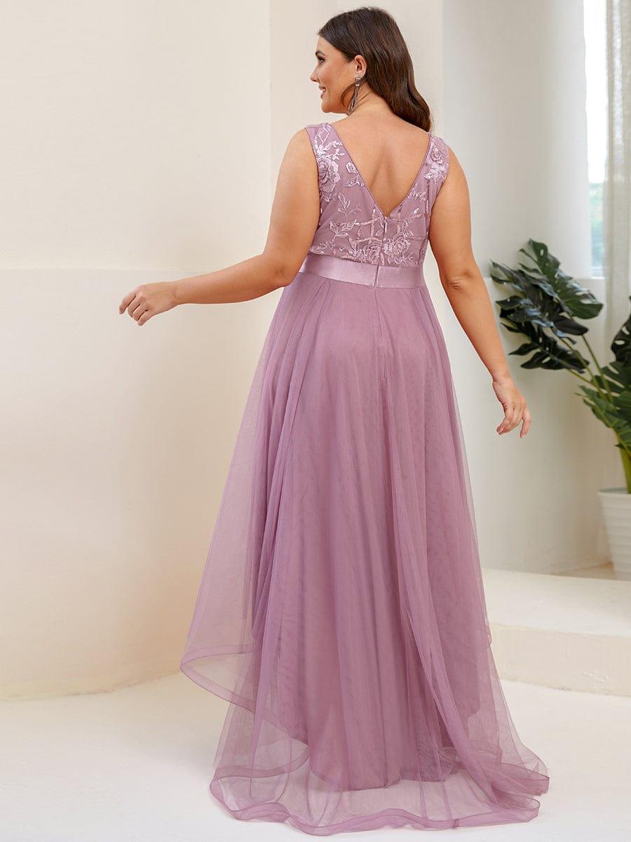 A-Line Illusion V-Neck Ruched Sleeveless Empire-Waist Tulle Evening Dresses