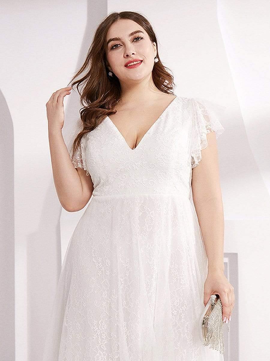 White V-Neck A-Line Plus Size Cap Sleeve Lace Appliques Long Formal Dress