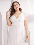 White V-Neck A-Line Plus Size Cap Sleeve Lace Appliques Long Formal Dress