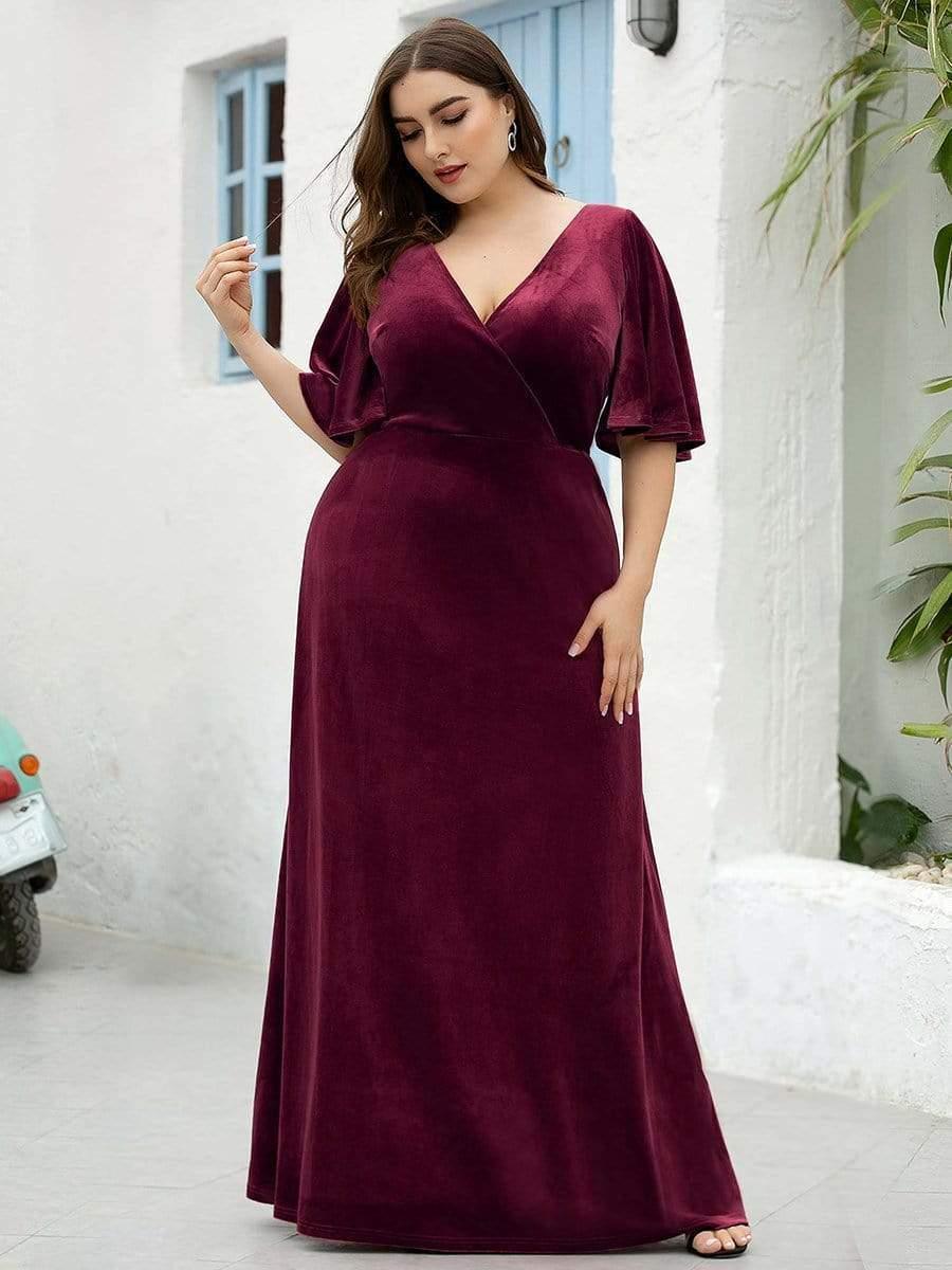 Elegant V-Neck A-Line Empire-Waist Velvet Evening Dress with Short Sleeves