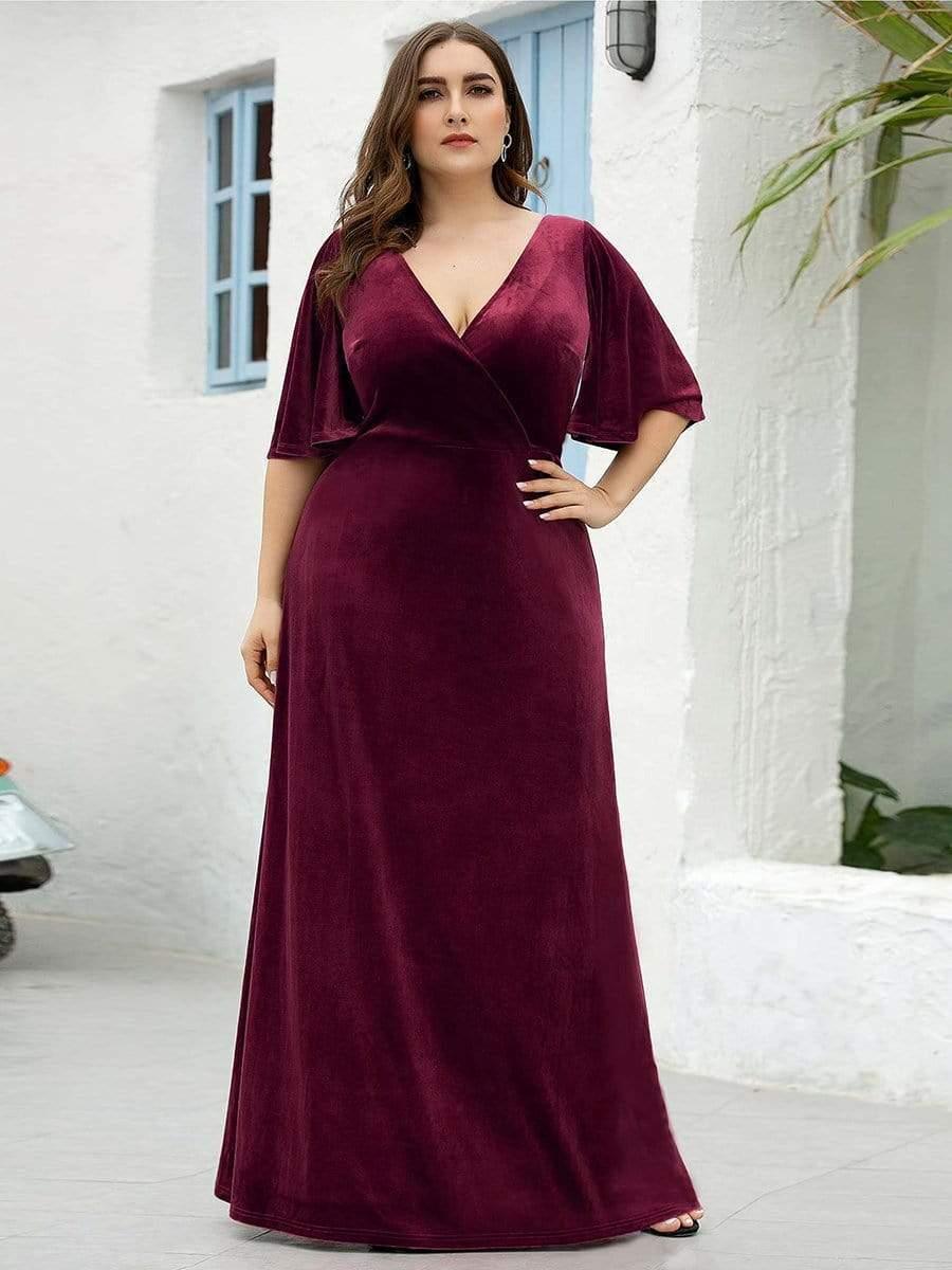 Mature A-Line V-Neck  Plus Size Velvet Maxi Evening Dress with Sleeves