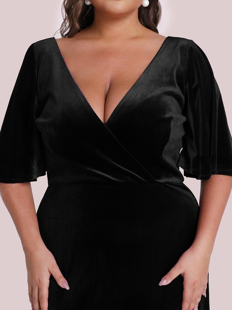 Mature A-Line V-Neck  Plus Size Velvet Maxi Evening Dress with Sleeves