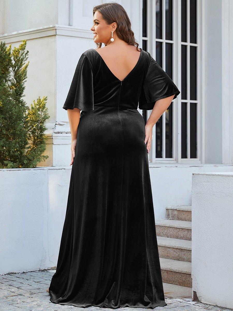 Mature A-Line V-Neck  Plus Size Velvet Maxi Evening Dress with Sleeves