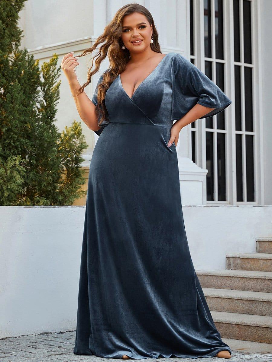 Mature A-Line V-Neck  Plus Size Velvet Maxi Evening Dress with Sleeves