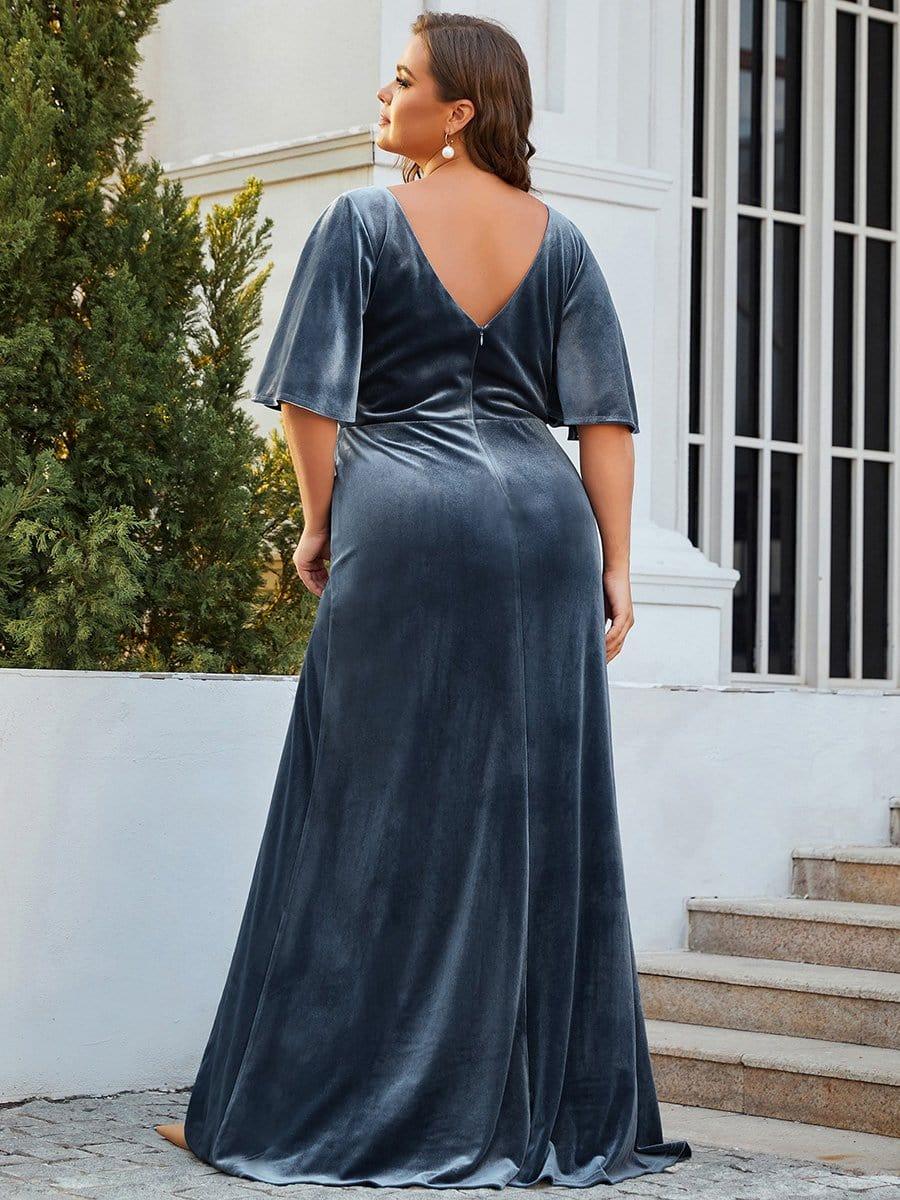 Mature A-Line V-Neck  Plus Size Velvet Maxi Evening Dress with Sleeves