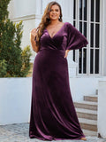Mature A-Line V-Neck  Plus Size Velvet Maxi Evening Dress with Sleeves
