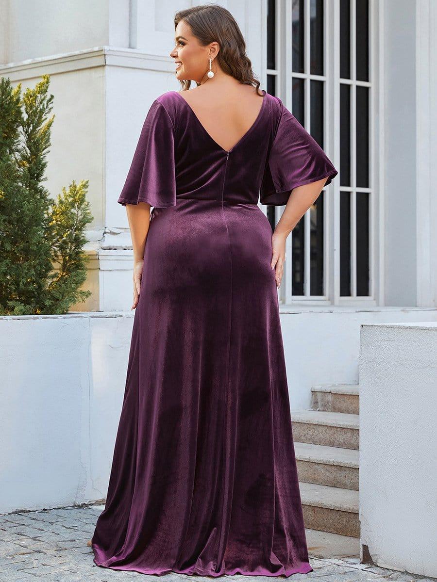 Mature A-Line V-Neck  Plus Size Velvet Maxi Evening Dress with Sleeves
