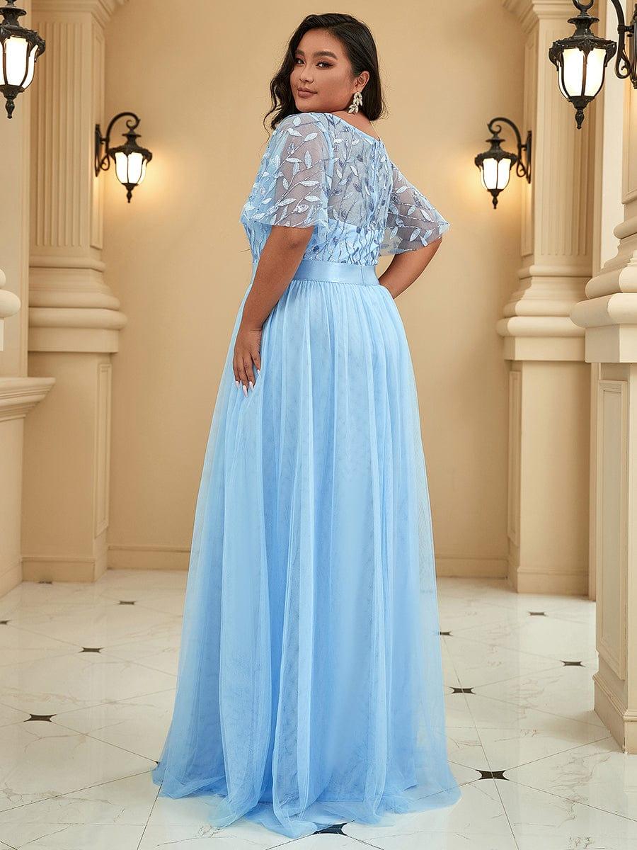 Plus Size A-Line Scoop Neck Long Formal Evening Dresses with Half Sleeves