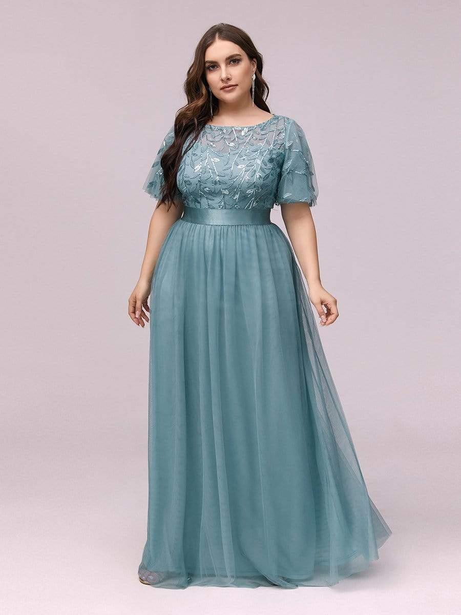 Plus Size A-Line Scoop Neck Long Formal Evening Dresses with Half Sleeves