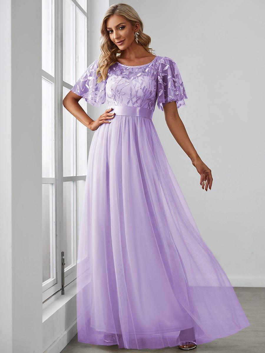  A-Line Scoop Short Sleeve Empire-Waist Embroidery Evening Dresses