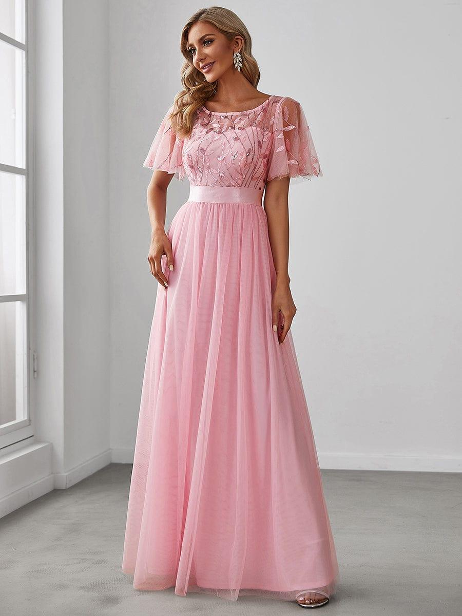  A-Line Scoop Short Sleeve Empire-Waist Embroidery Evening Dresses