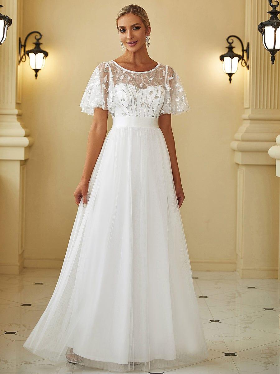  A-Line Scoop Short Sleeve Empire-Waist Embroidery Evening Dresses