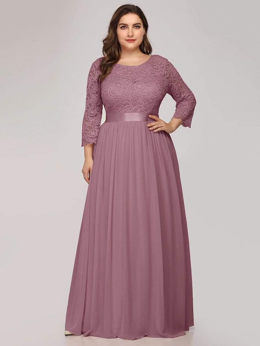 A-Line Empire-Waist Half Sleeves Plus Size Lace Appliques Formal Evening Dress